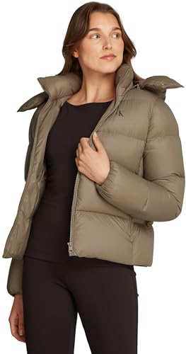 Calvin Klein Women's Down Short Puffer Jacket with Hood, Brindle (Beige), on Sale